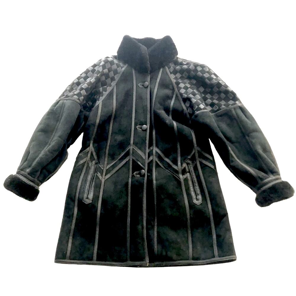 Toppolino Black Coat Fine Leatherwear Shearling Lined XS Checkered Vintage